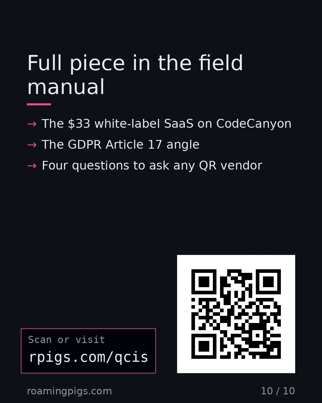Slide 10 of 10: Call to action: The $33 white-label SaaS on CodeCanyon The GDPR Article 17 angle Four questions to ask any QR vendor rpigs.com/qcis Link:…