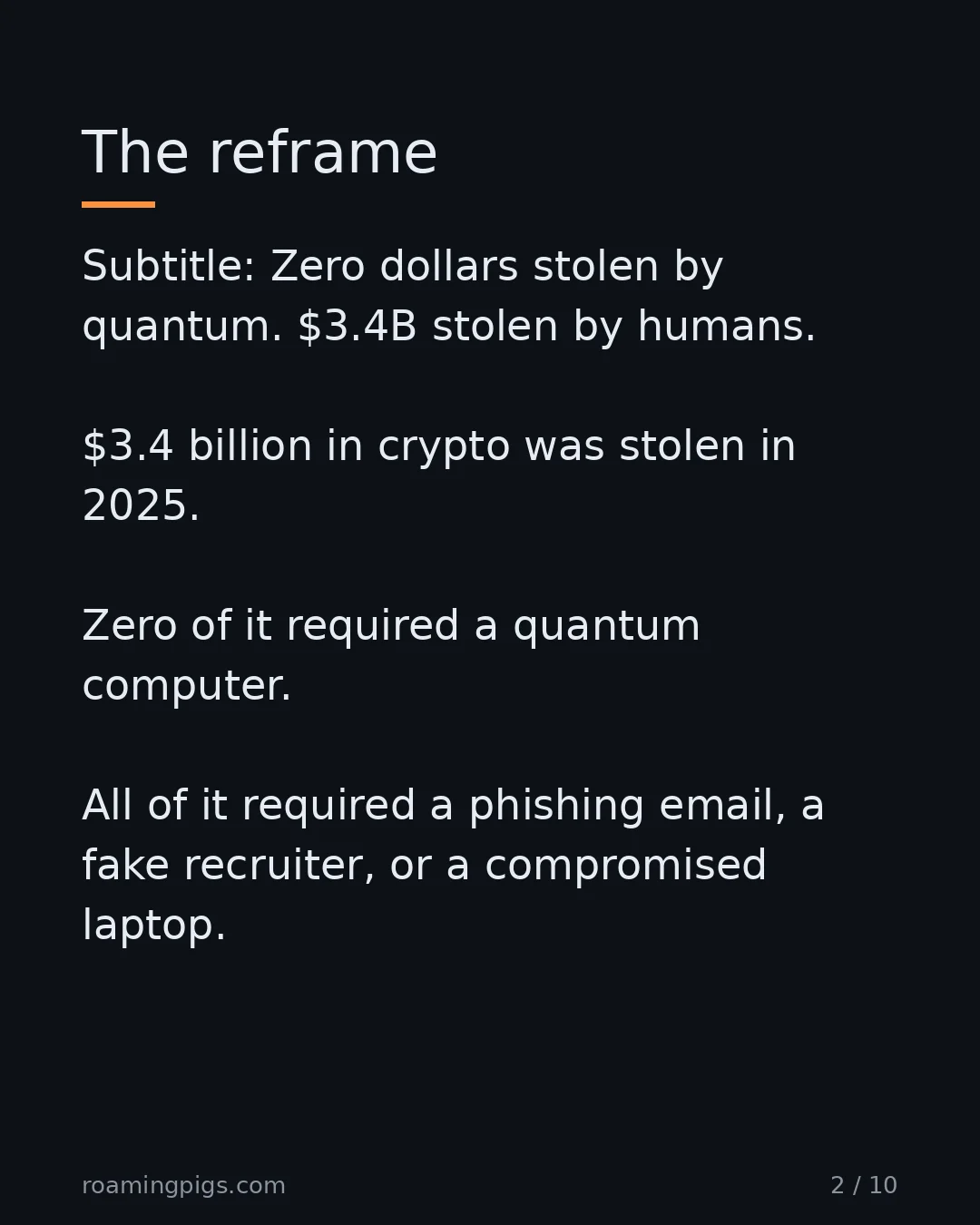 Slide 2 of 10: Zero dollars stolen by quantum. $3.4B stolen by humans. $3.4 billion in crypto was stolen in 2025. Zero of it required a quantum computer.…