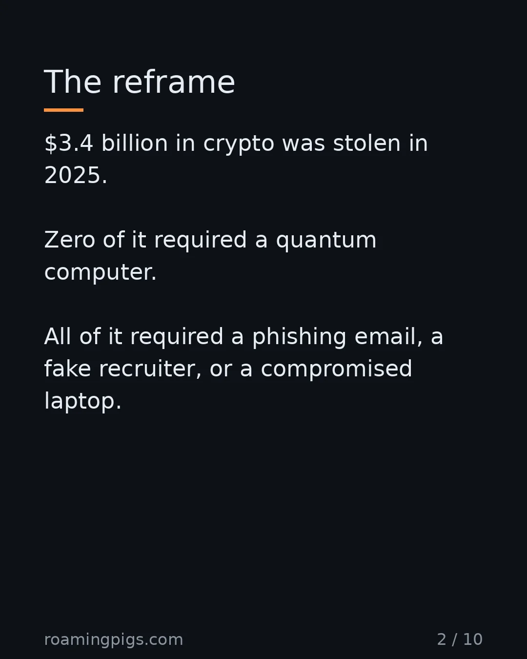Slide 2 of 10: Zero dollars stolen by quantum. $3.4B stolen by humans. $3.4 billion in crypto was stolen in 2025. Zero of it required a quantum computer.…