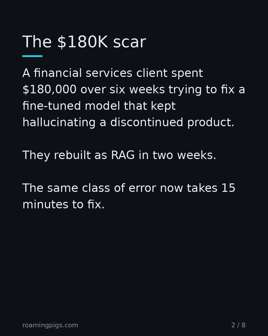 Slide 2 of 8: The $180K scar. A financial services client spent $180,000 over six weeks trying to fix a fine-tuned model that kept hallucinating a…