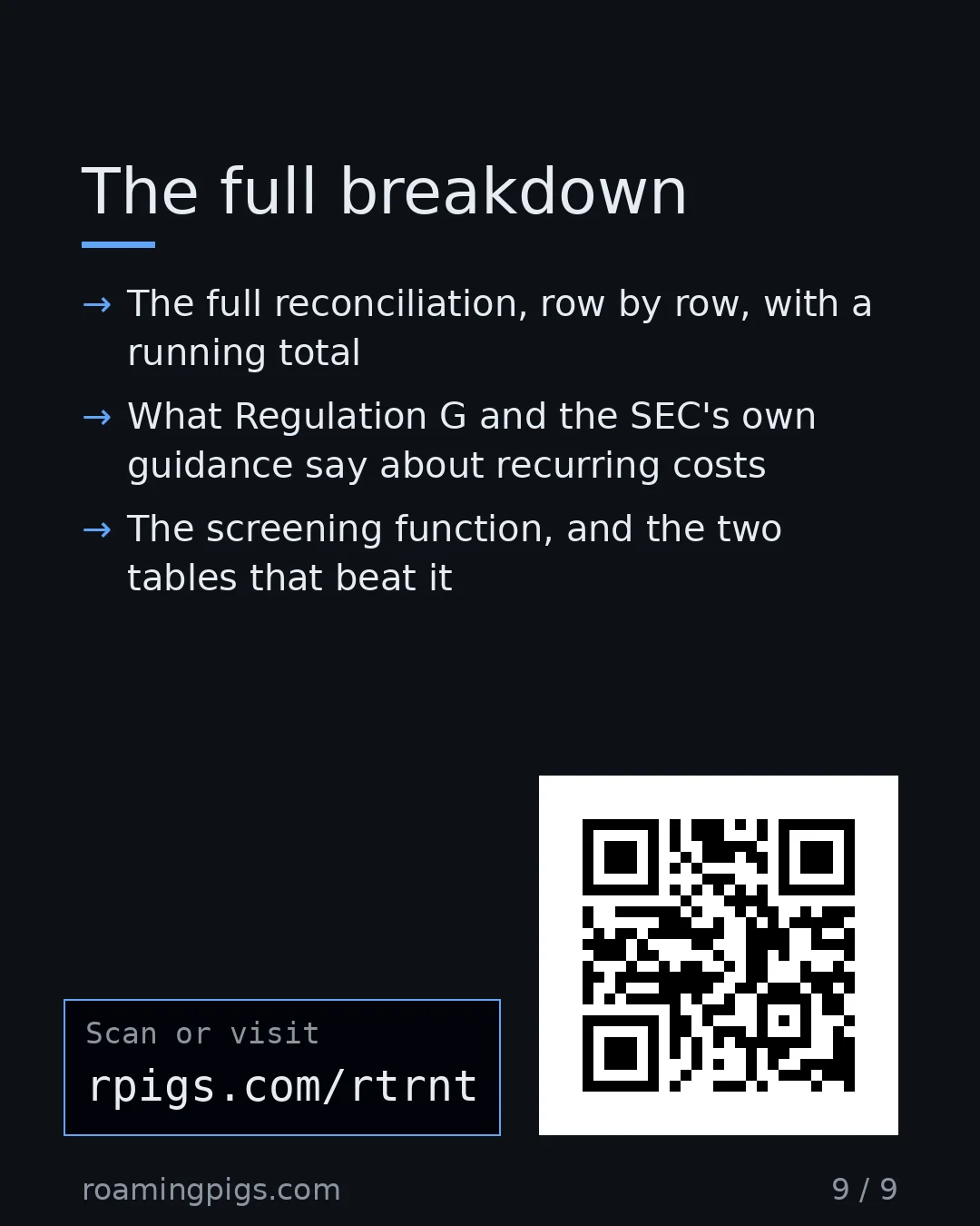 Slide 9 of 9: Call to action: The full reconciliation, row by row, with a running total What Regulation G and the SEC's own guidance say about recurring…
