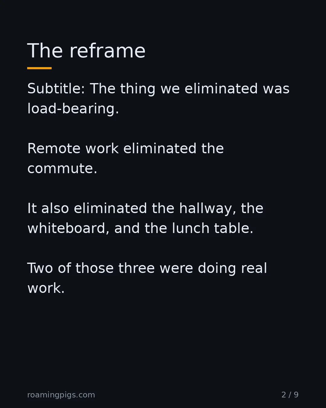 Slide 2 of 9: The thing we eliminated was load-bearing. Remote work eliminated the commute. It also eliminated the hallway, the whiteboard, and the lunch…