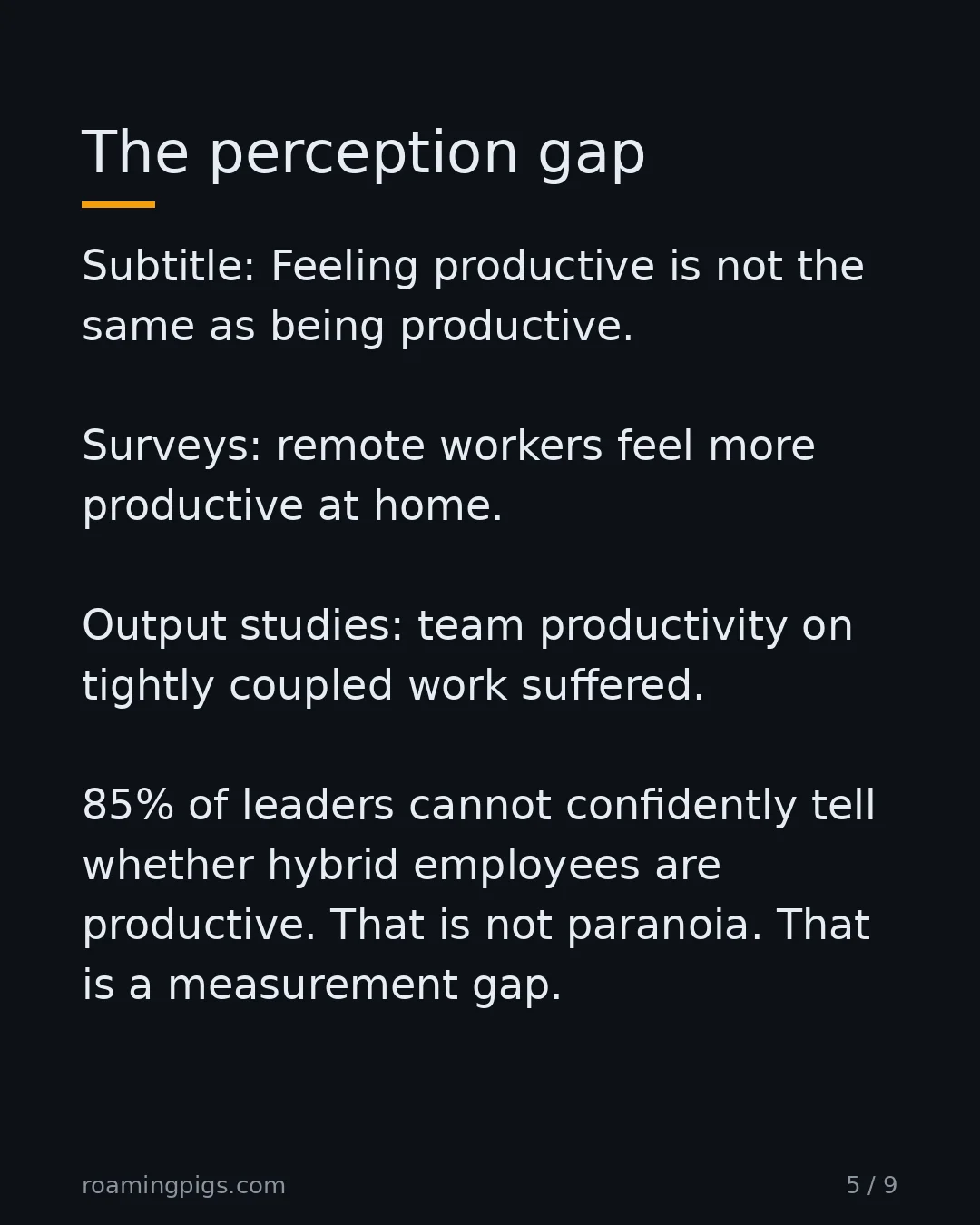 Slide 5 of 9: Feeling productive is not the same as being productive. Surveys: remote workers feel more productive at home. Output studies: team…