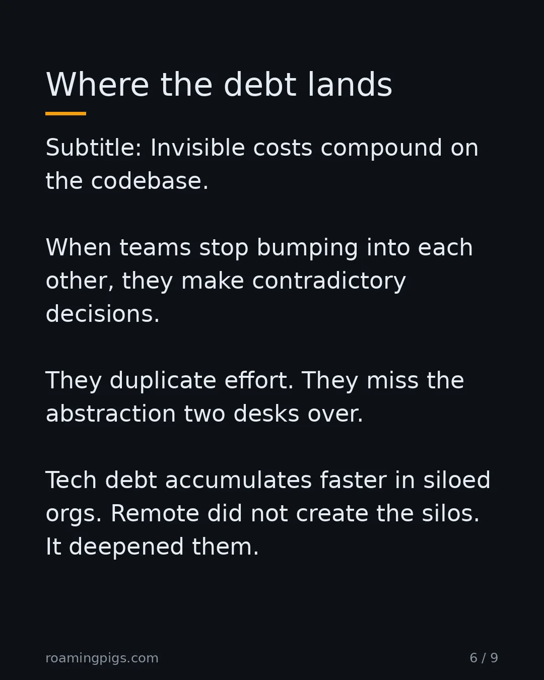 Slide 6 of 9: Invisible costs compound on the codebase. When teams stop bumping into each other, they make contradictory decisions. They duplicate…