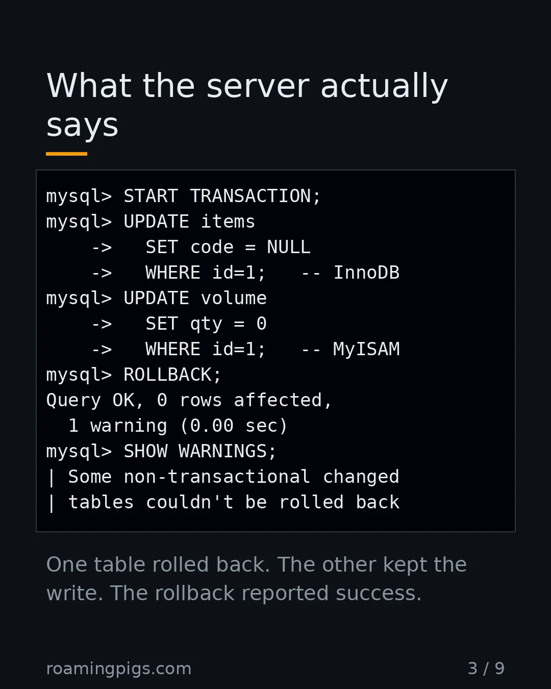 Slide 3 of 9: What the server actually says. Code example. One table rolled back. The other kept the write. The rollback reported success