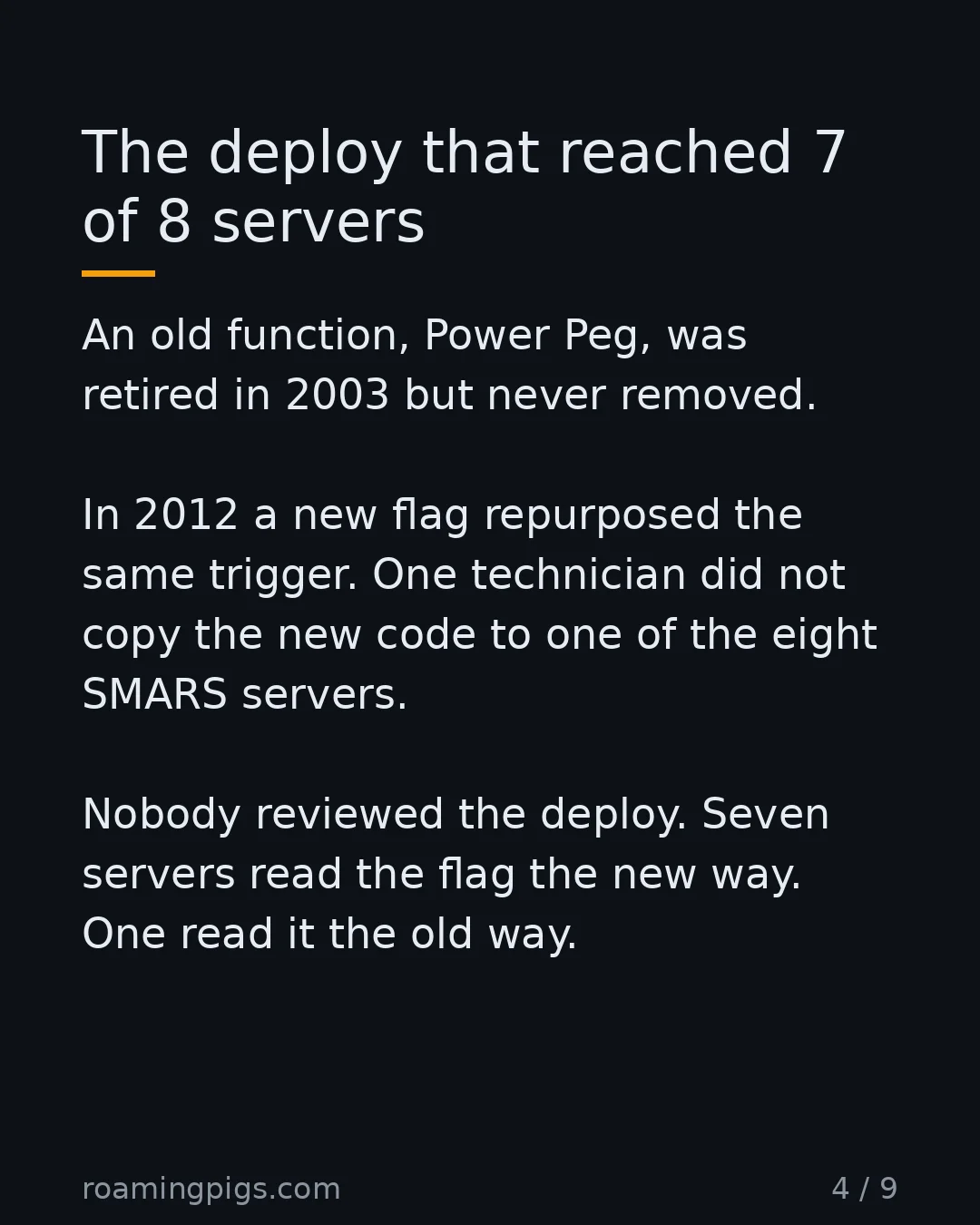Slide 4 of 9: The deploy that reached 7 of 8 servers. An old function, Power Peg, was retired in 2003 but never removed. In 2012 a new flag repurposed…