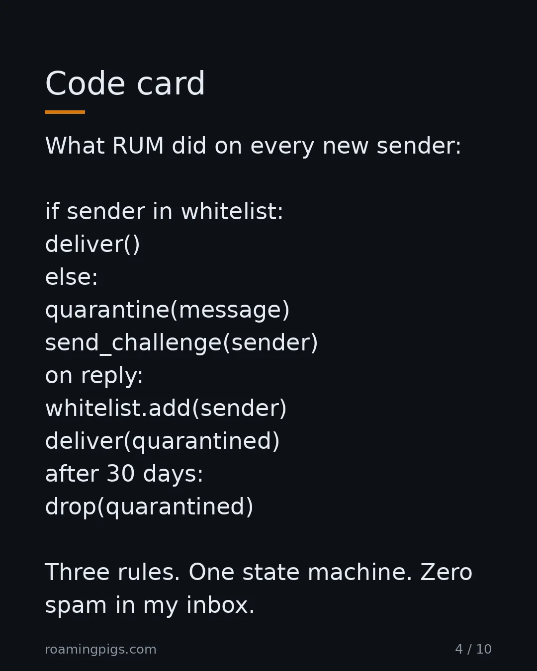 Slide 4 of 10: Code card. What RUM did on every new sender: if sender in whitelist: deliver() else: quarantine(message) send_challenge(sender) on reply:…