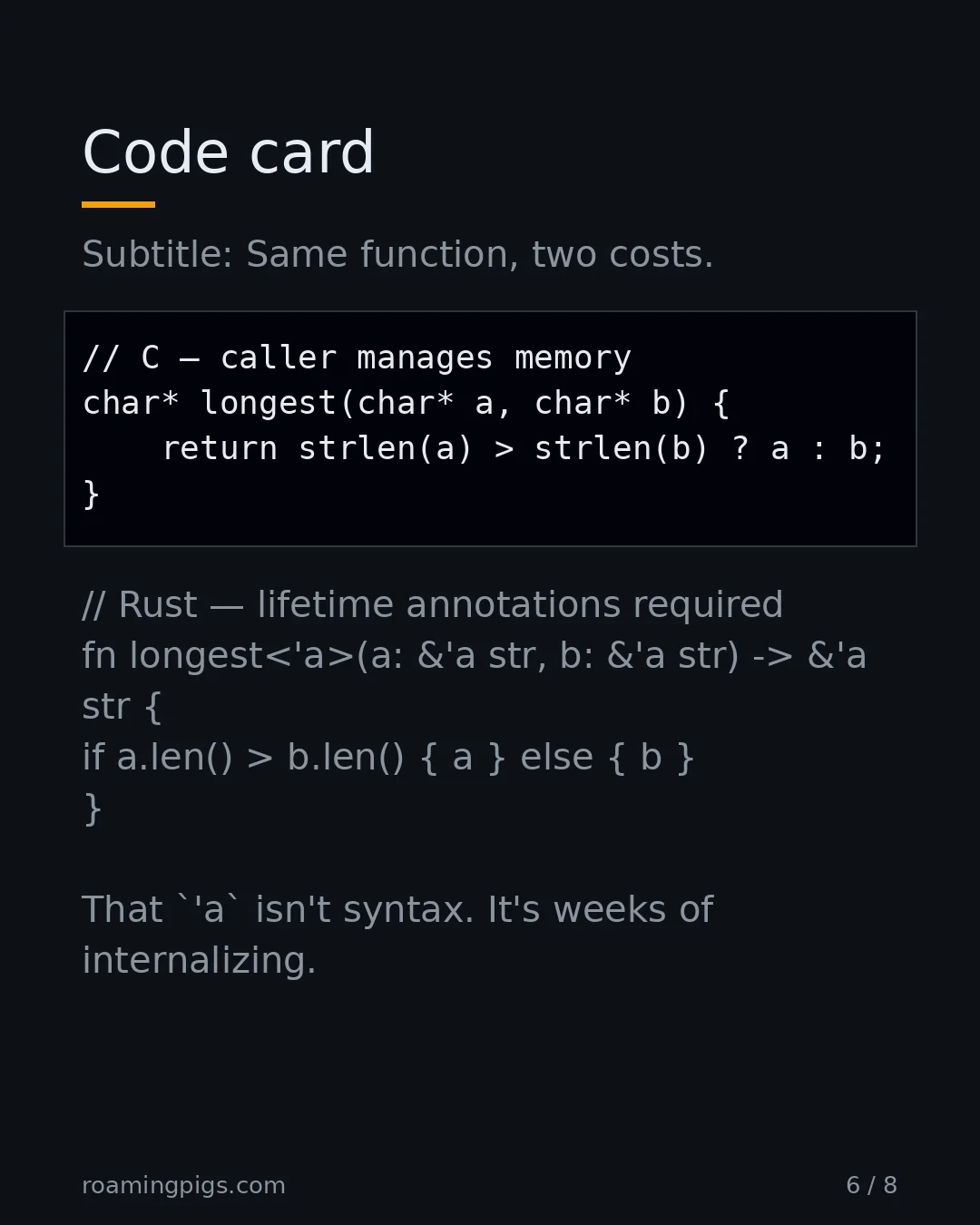 Slide 6 of 8: Code card. Code example. Subtitle: Same function, two costs