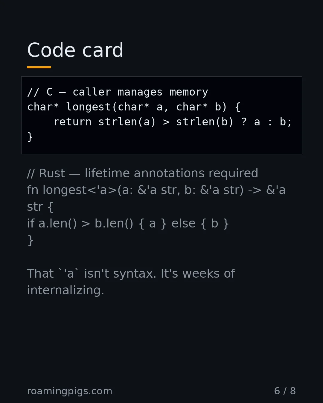 Slide 6 of 8: Code card. Code example. Same function, two costs