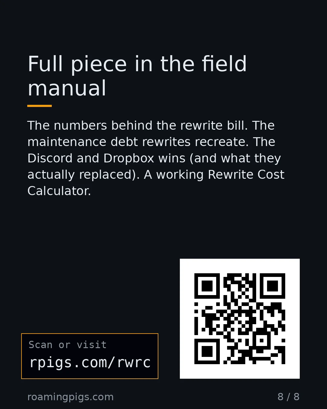 Slide 8 of 8: Call to action: The numbers behind the rewrite bill. The maintenance debt rewrites recreate. The Discord and Dropbox wins (and what they…