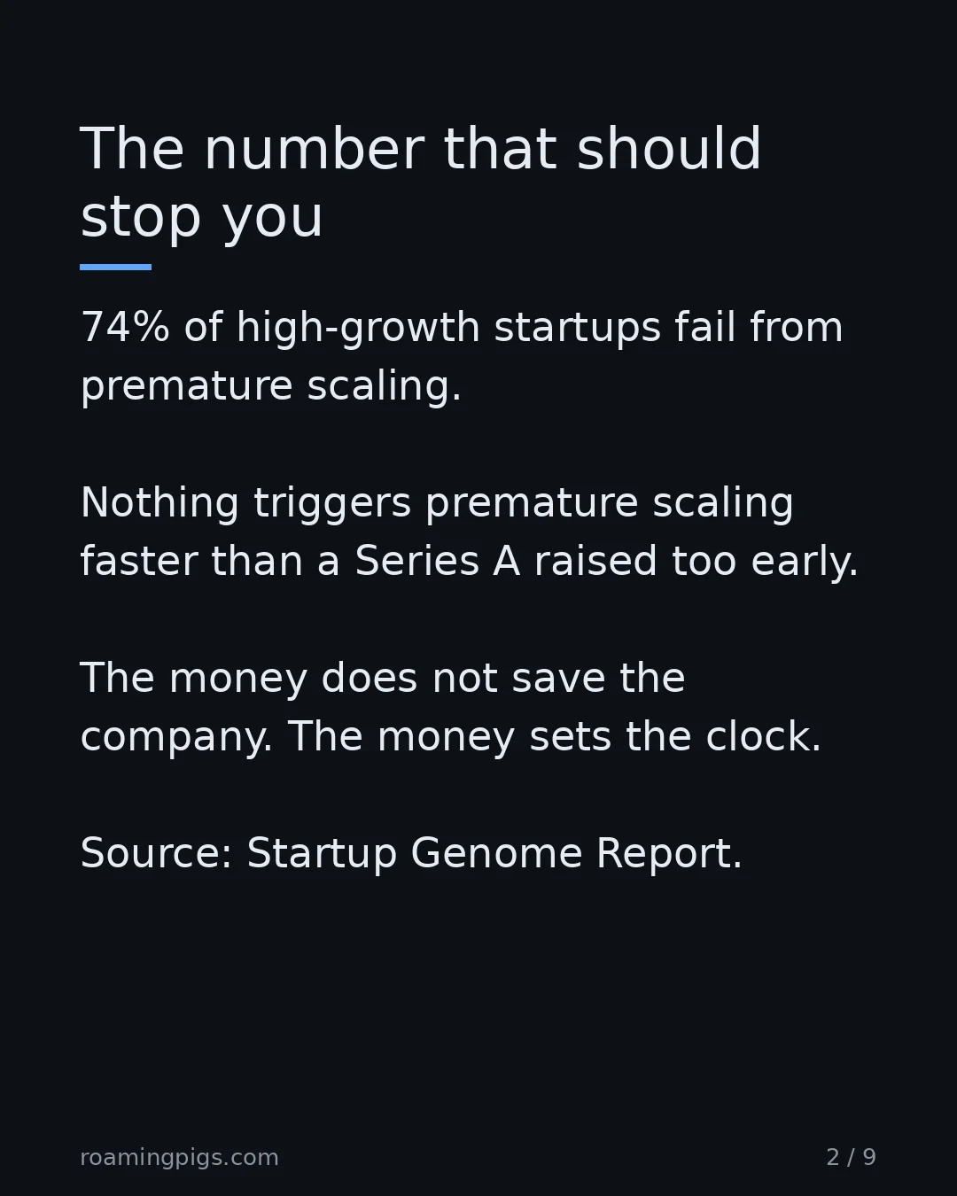 Slide 2 of 9: The number that should stop you. 74% of high-growth internet startups fail due to premature scaling. Nothing triggers premature scaling…