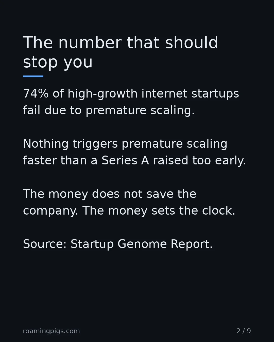 Slide 2 of 9: The number that should stop you. 74% of high-growth internet startups fail due to premature scaling. Nothing triggers premature scaling…