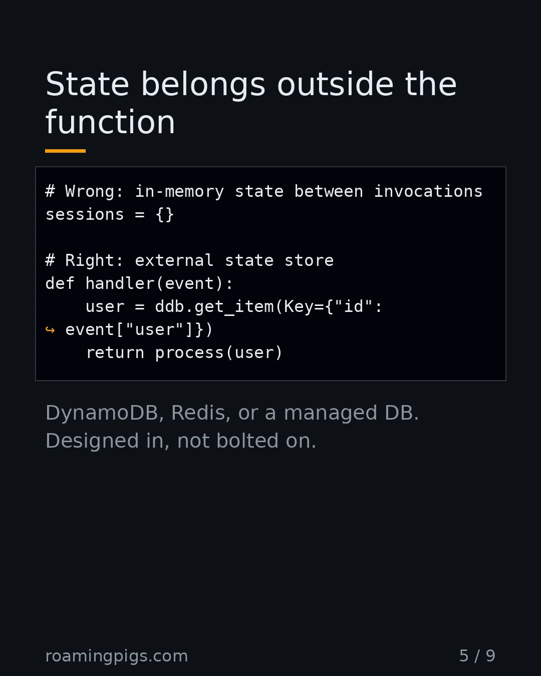 Slide 5 of 9: State belongs outside the function. Code example. DynamoDB, Redis, or a managed DB. Designed in, not bolted on