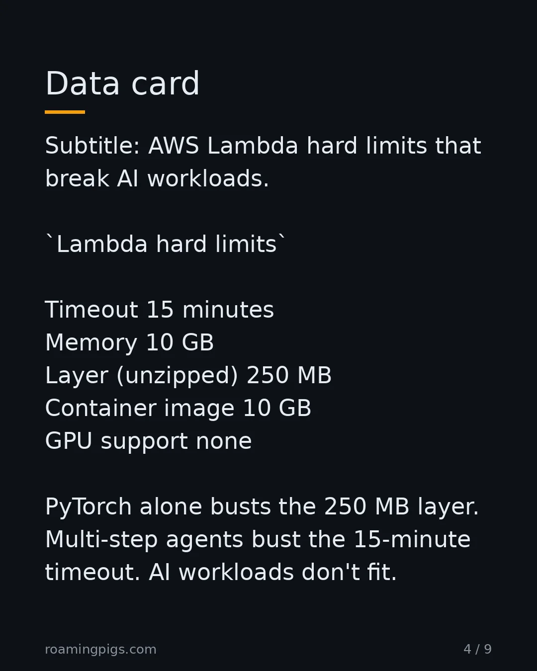 Slide 4 of 9: AWS Lambda hard limits that break AI workloads. Lambda hard limits Timeout 15 minutes Memory 10 GB Layer (unzipped) 250 MB Container image…