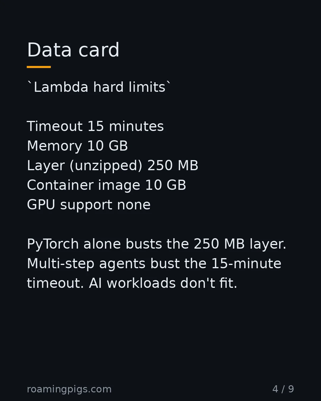 Slide 4 of 9: AWS Lambda hard limits that break AI workloads. Lambda hard limits Timeout 15 minutes Memory 10 GB Layer (unzipped) 250 MB Container image…