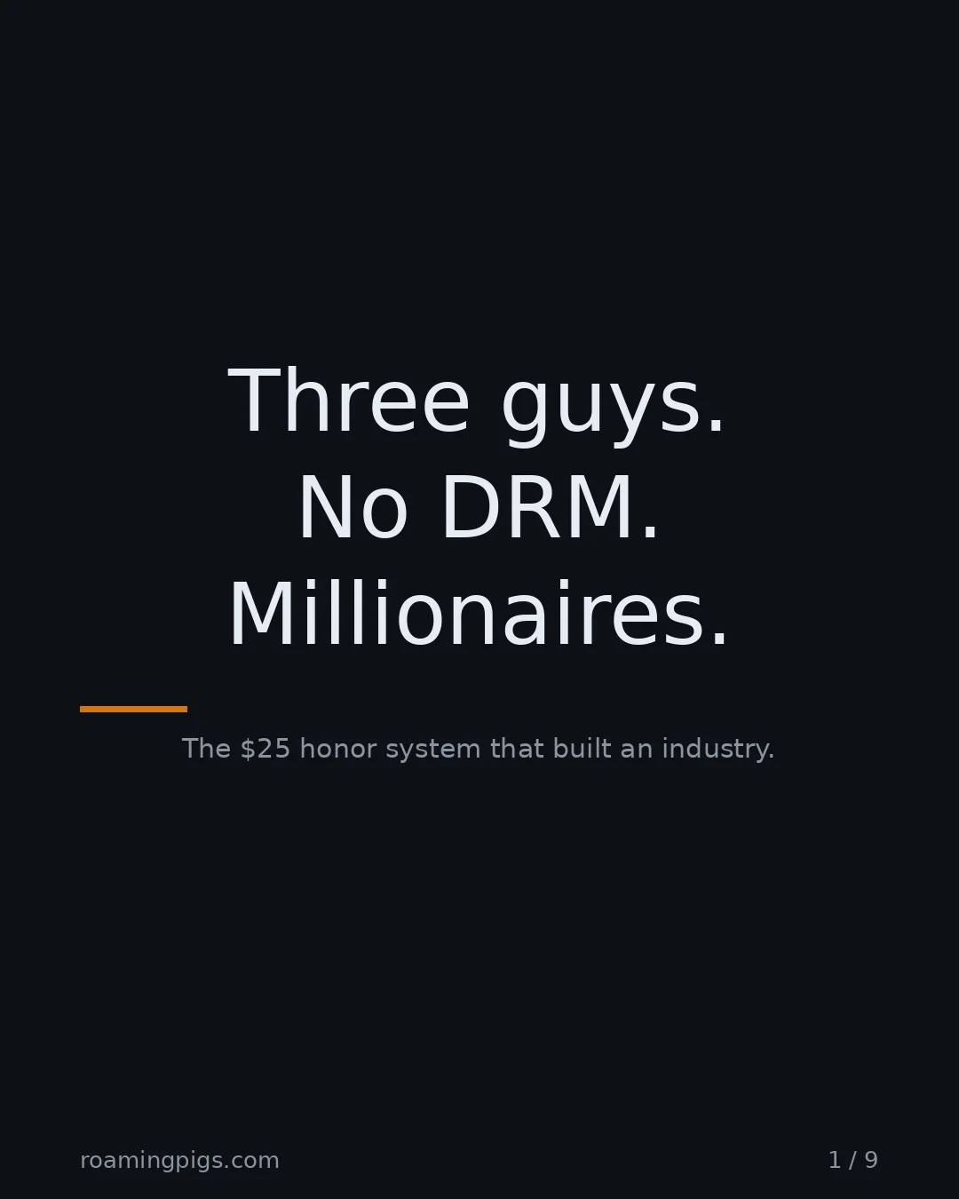 Slide 1 of 9: Three guys. No DRM. Millionaires.. The $25 honor system that built an industry