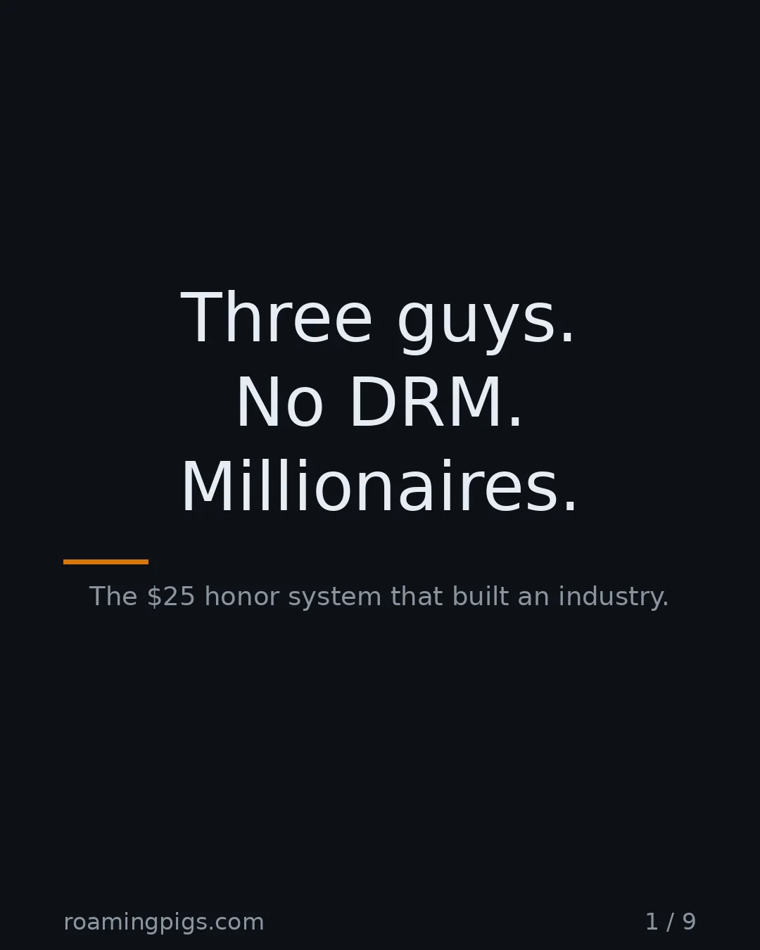 Slide 1 of 9: Three guys. No DRM. Millionaires.. The $25 honor system that built an industry
