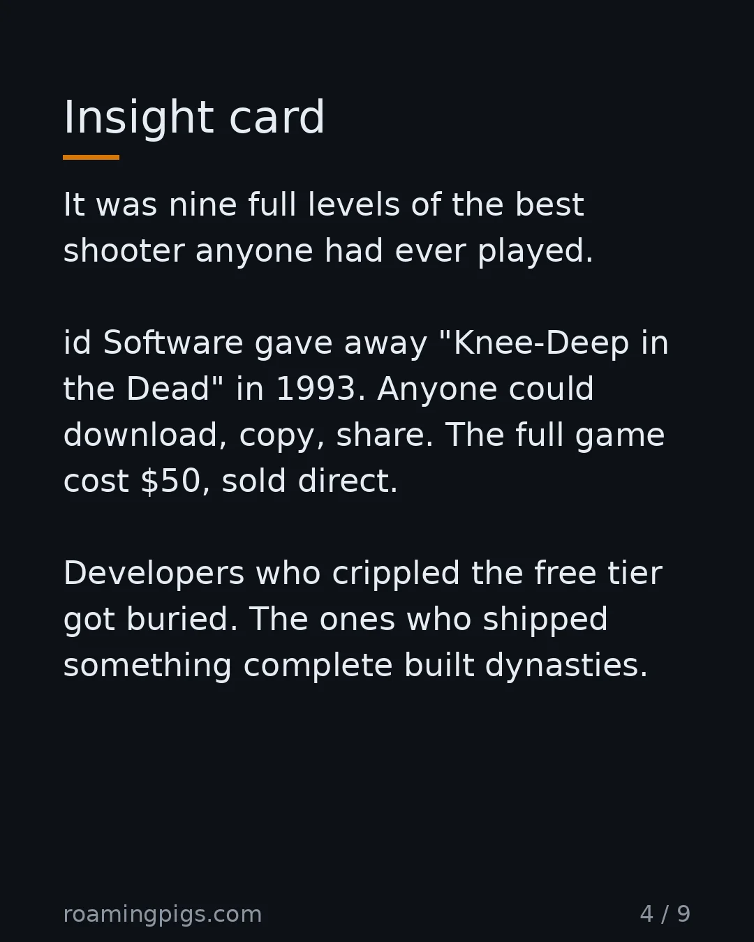 Slide 4 of 9: DOOM's first episode was not a demo. It was nine full levels of the best shooter anyone had ever played. id Software gave away "Knee-Deep…