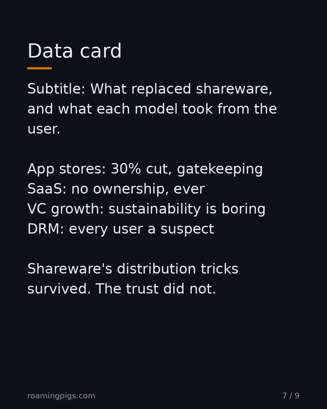 Slide 7 of 9: What replaced shareware, and what each model took from the user. App stores: 30% cut, gatekeeping SaaS: no ownership, ever VC growth:…
