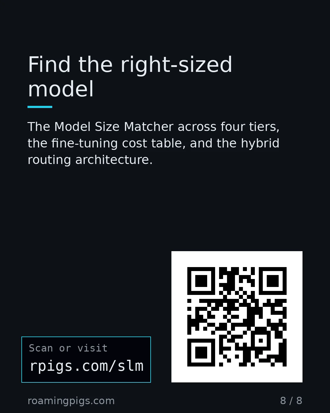 Slide 8 of 8: Call to action: The Model Size Matcher across four tiers, the fine-tuning cost table, and the hybrid routing architecture. rpigs.com/slm…