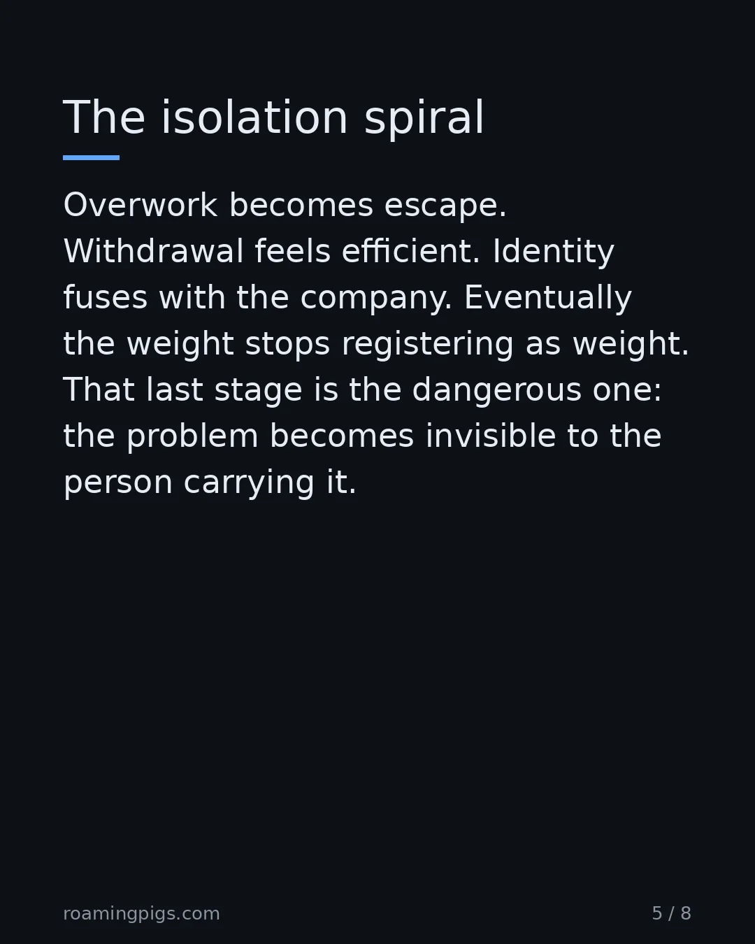 Slide 5 of 8: The isolation spiral. Overwork becomes escape. Withdrawal feels efficient. Identity fuses with the company. Eventually the weight stops…