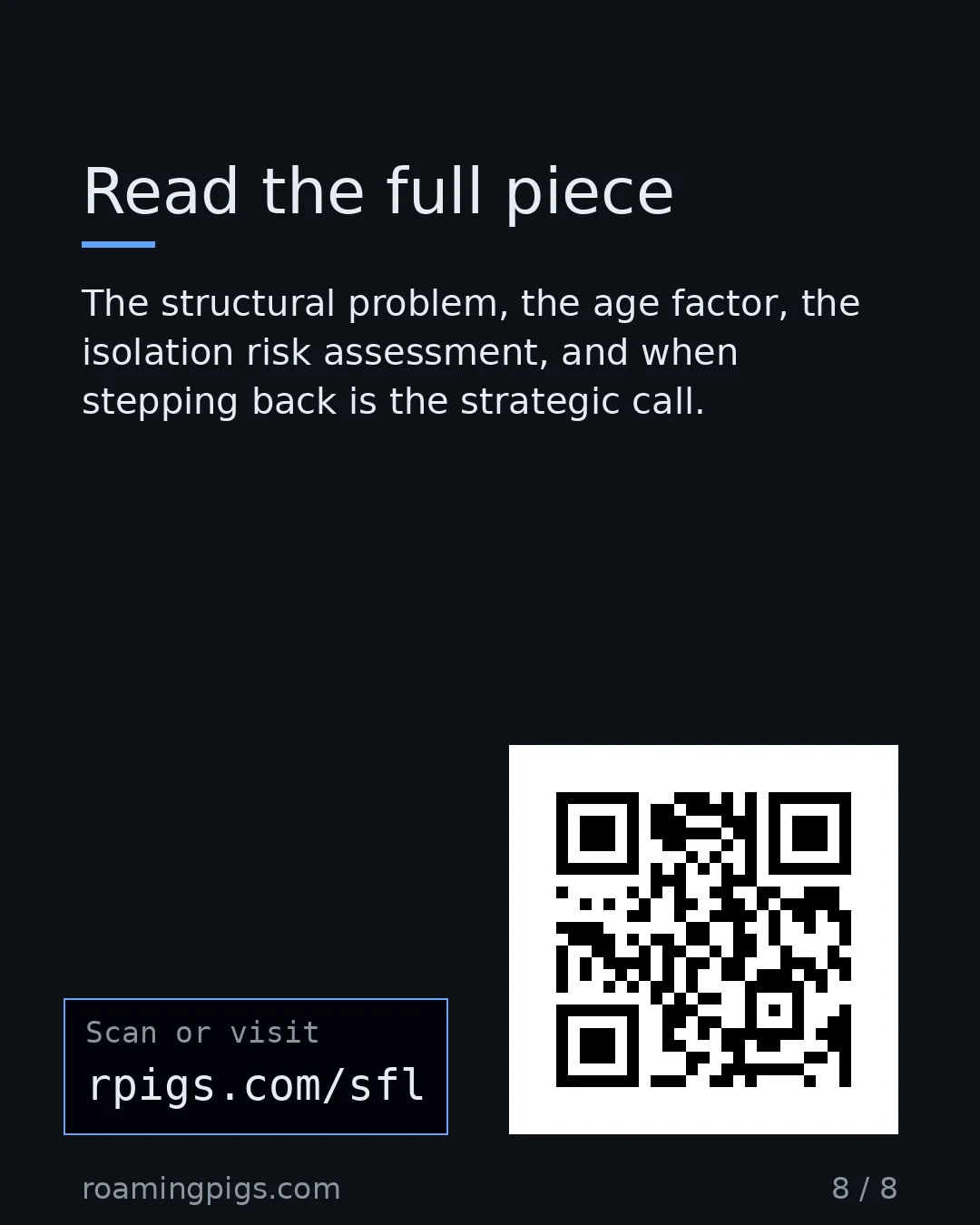 Slide 8 of 8: Call to action: The structural problem, the age factor, the isolation risk assessment, and when stepping back is the strategic call.…