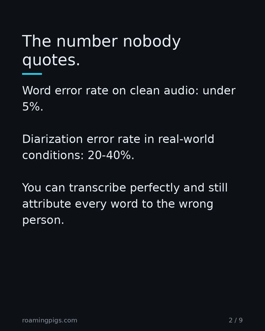 Slide 2 of 9: The number nobody quotes. Word error rate on clean audio: under 5%. Diarization error rate in real-world conditions: 20-40%. You can…