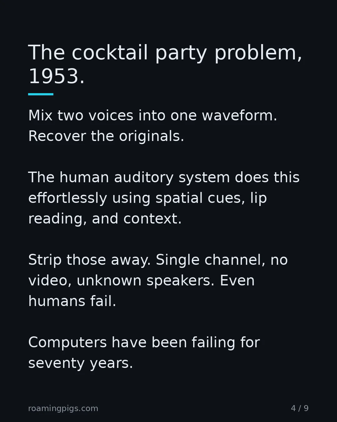 Slide 4 of 9: The cocktail party problem, 1953. Mix two voices into one waveform. Recover the originals. The human auditory system does this effortlessly…