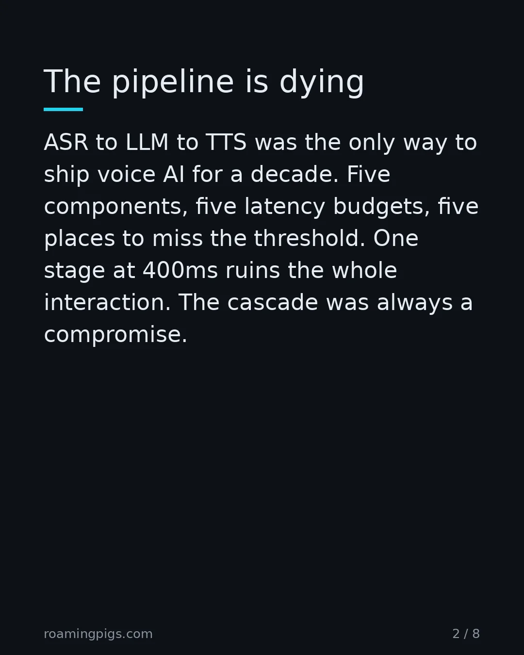 Slide 2 of 8: The pipeline is dying. ASR to LLM to TTS was the only way to ship voice AI for a decade. Five components, five latency budgets, five places…