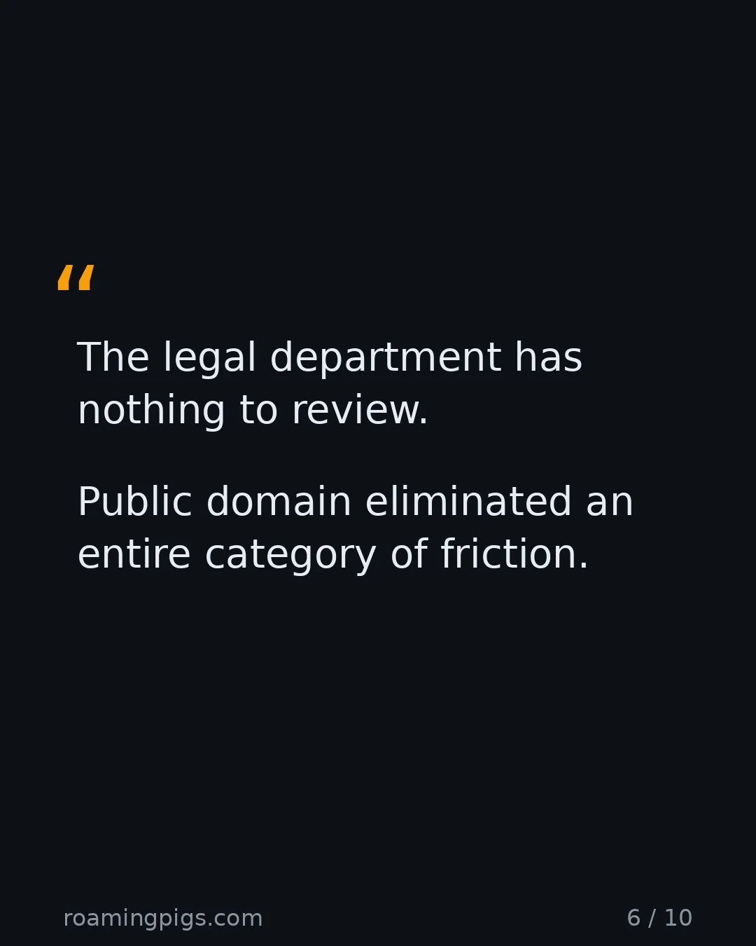 Slide 6 of 10: Quote: The legal department has nothing to review. Public domain eliminated an entire category of friction.