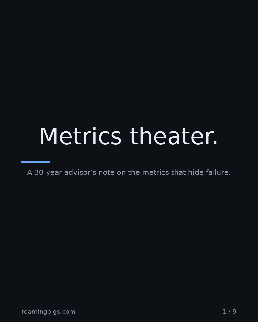 Slide 1 of 9: Metrics theater.. A 30-year advisor's note on the metrics that hide failure
