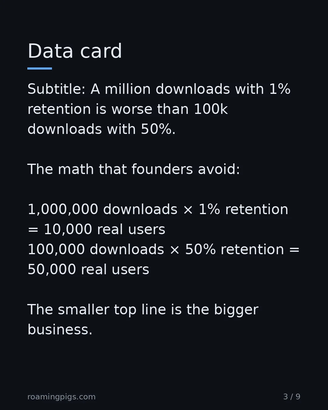 Slide 3 of 9: A million downloads with 1% retention is worse than 100k downloads with 50%. The math that founders avoid: 1,000,000 downloads × 1%…