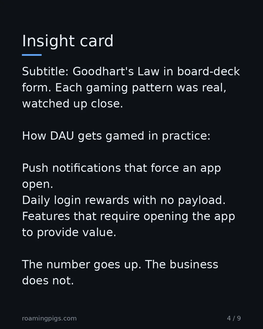 Slide 4 of 9: Goodhart's Law in board-deck form. Each gaming pattern was real, watched up close. How DAU gets gamed in practice: Push notifications that…