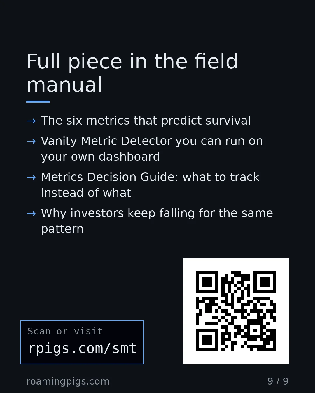 Slide 9 of 9: Call to action: The six metrics that predict survival Vanity Metric Detector you can run on your own dashboard Metrics Decision Guide: what…
