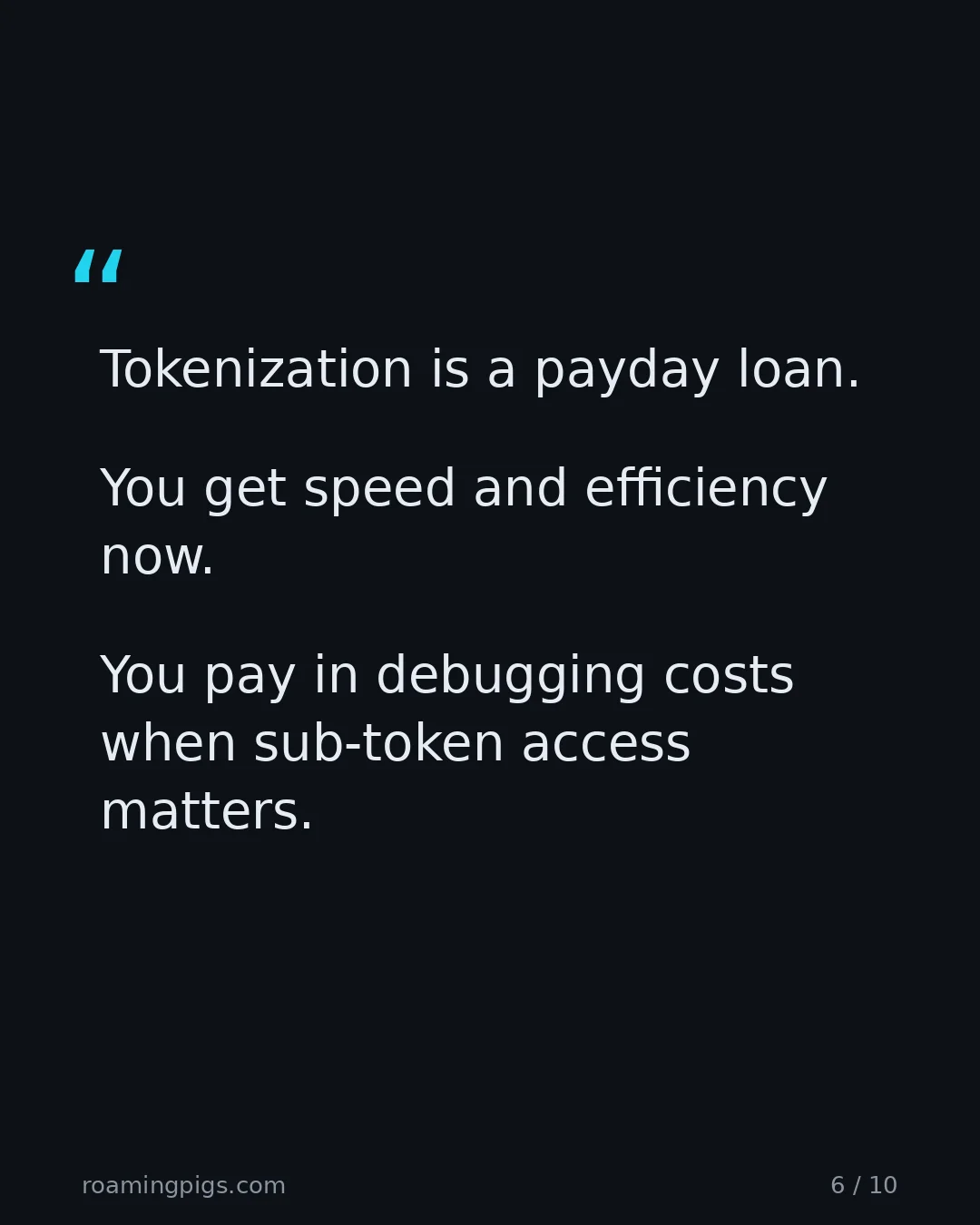 Slide 6 of 10: Quote: Tokenization is a payday loan. You get speed and efficiency now. You pay in debugging costs when sub-token access matters.