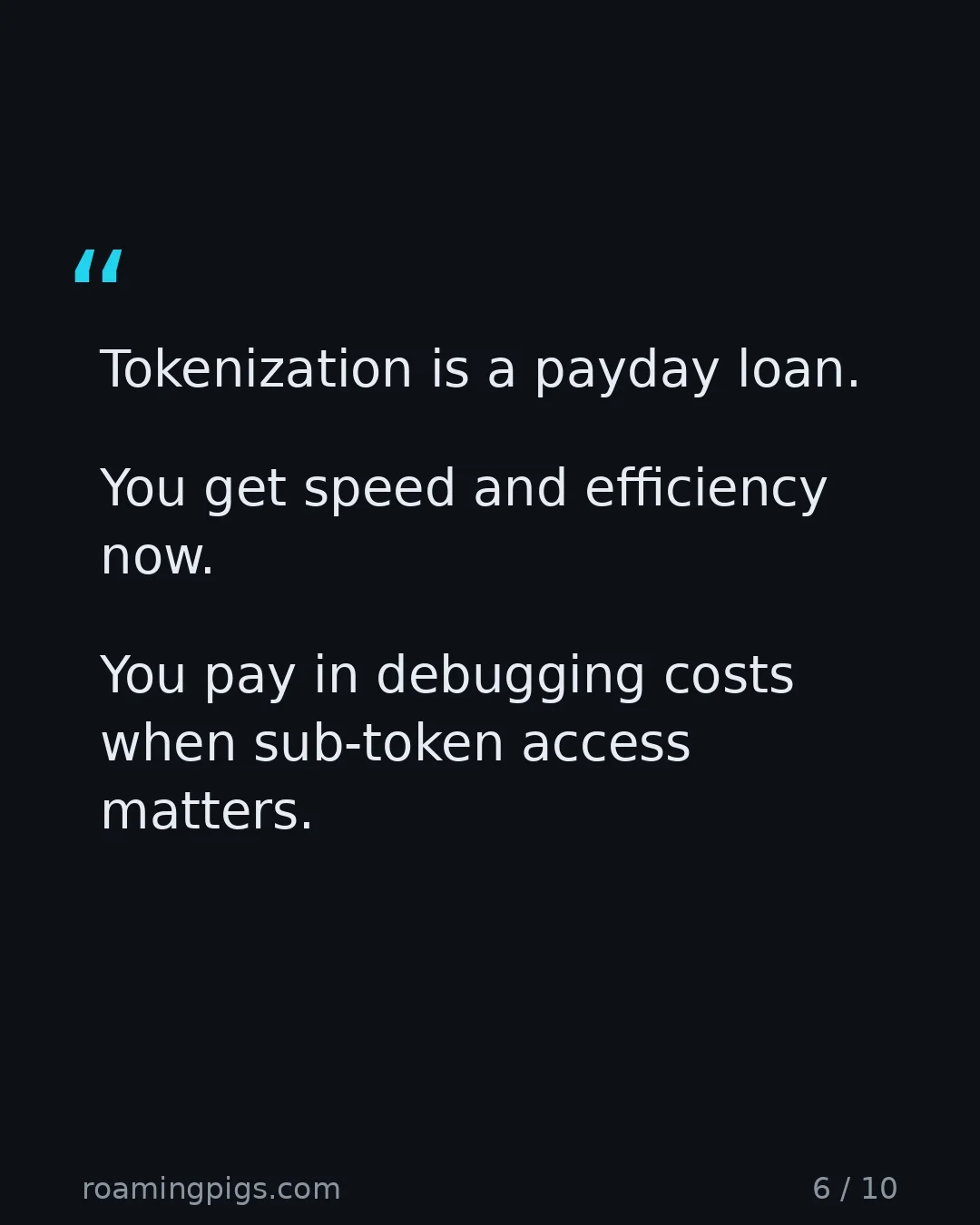 Slide 6 of 10: Quote: Tokenization is a payday loan. You get speed and efficiency now. You pay in debugging costs when sub-token access matters.