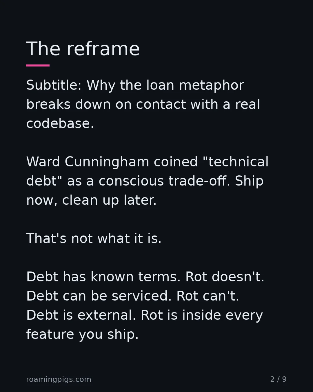 Slide 2 of 9: Why the loan metaphor breaks down on contact with a real codebase. Ward Cunningham coined "technical debt" as a conscious trade-off. Ship…