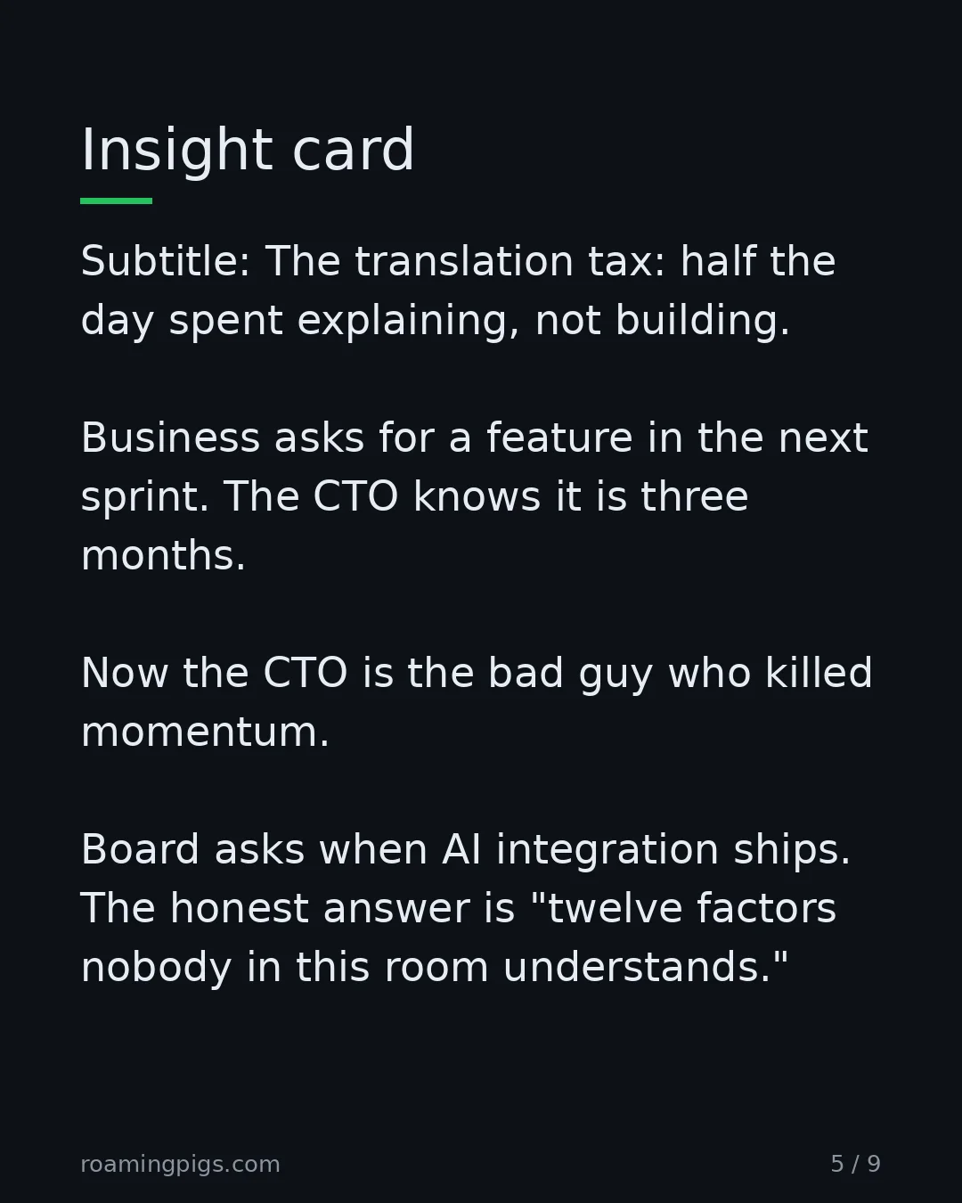 Slide 5 of 9: The translation tax: half the day spent explaining, not building. Business asks for a feature in the next sprint. The CTO knows it is three…