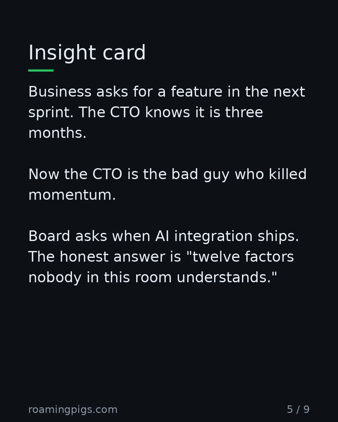Slide 5 of 9: The translation tax: half the day spent explaining, not building. Business asks for a feature in the next sprint. The CTO knows it is three…