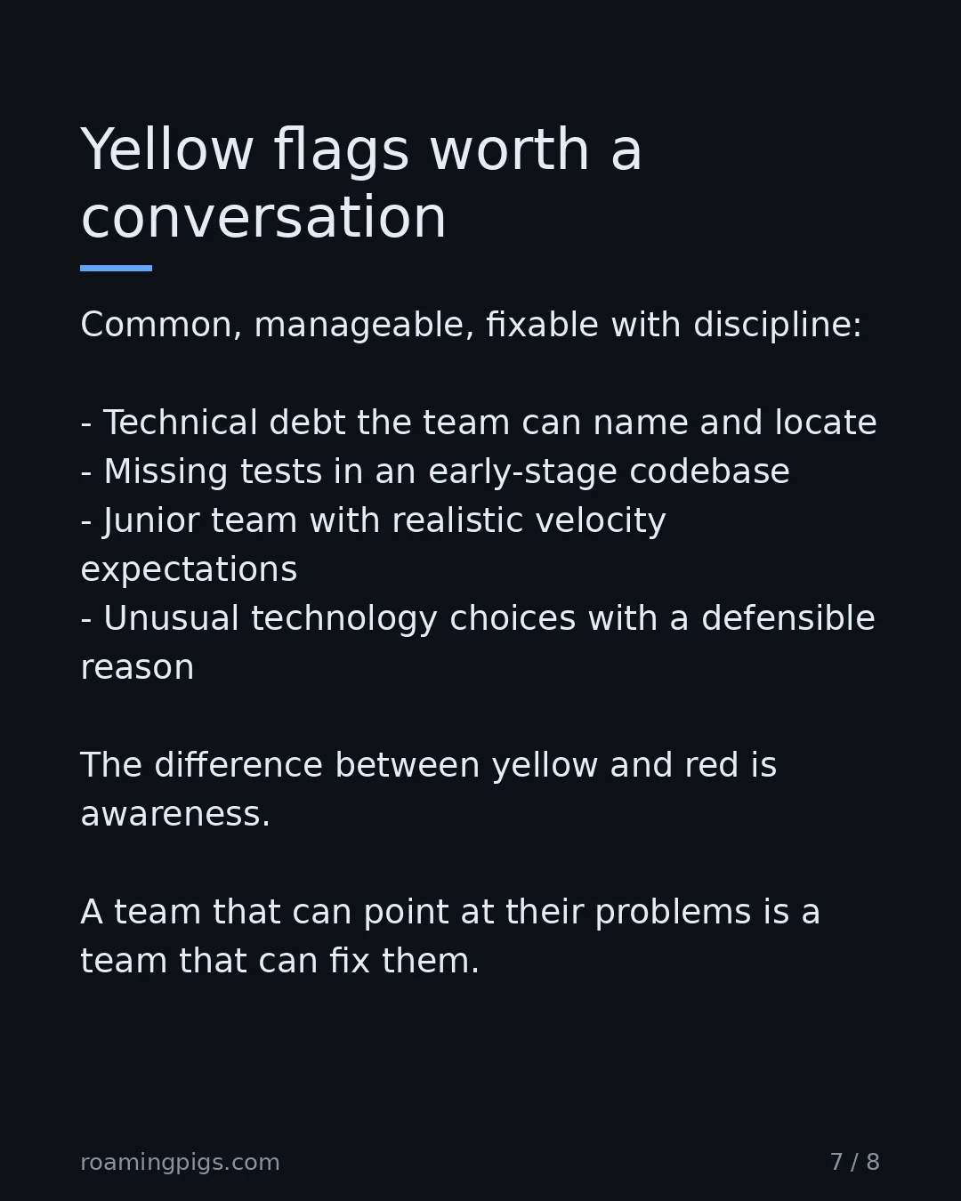 Slide 7 of 8: Yellow flags worth a conversation. Common, manageable, fixable with discipline: Technical debt the team can name and locate Missing tests…