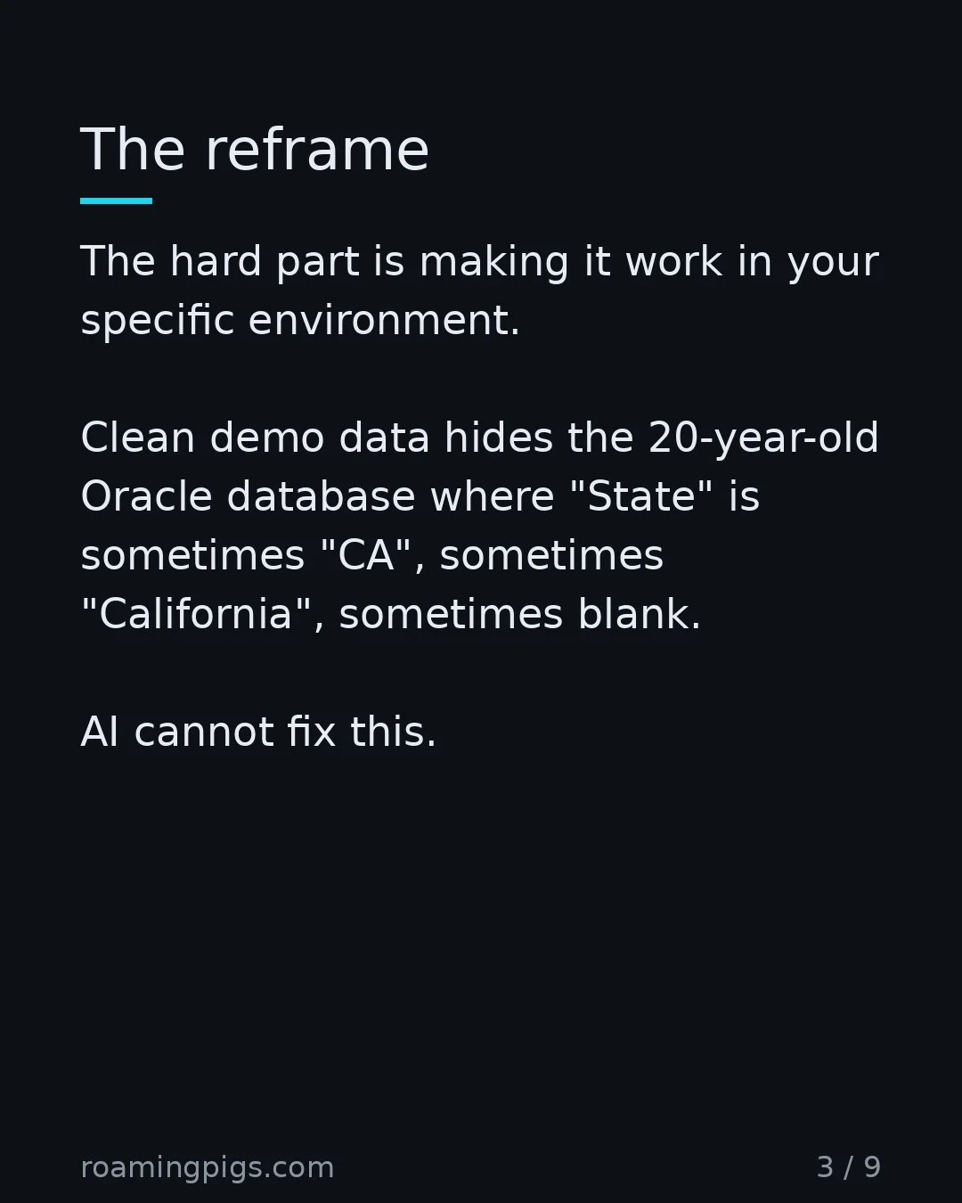 Slide 3 of 9: The hard part was never making AI work. The hard part is making it work in your specific environment. Clean demo data hides the 20-year-old…