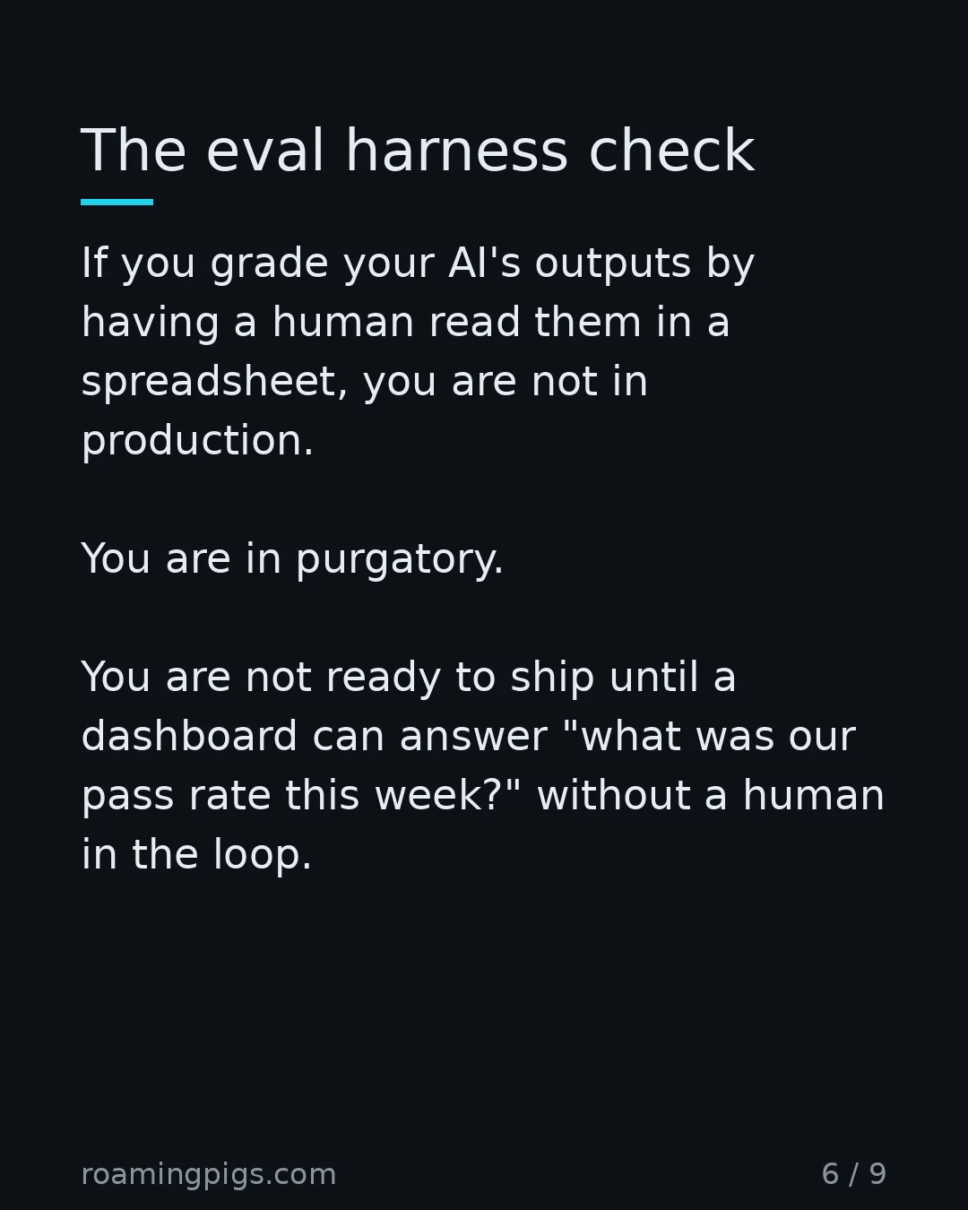Slide 6 of 9: A simple test for whether you're actually in production. If you grade your AI's outputs by having a human read them in a spreadsheet, you…