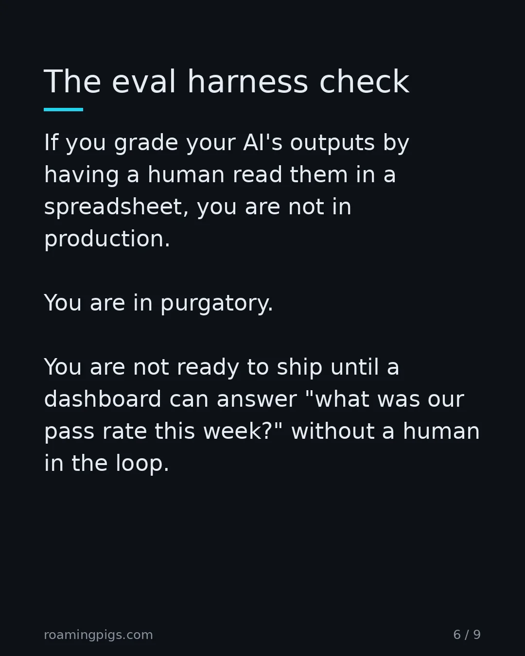 Slide 6 of 9: A simple test for whether you're actually in production. If you grade your AI's outputs by having a human read them in a spreadsheet, you…