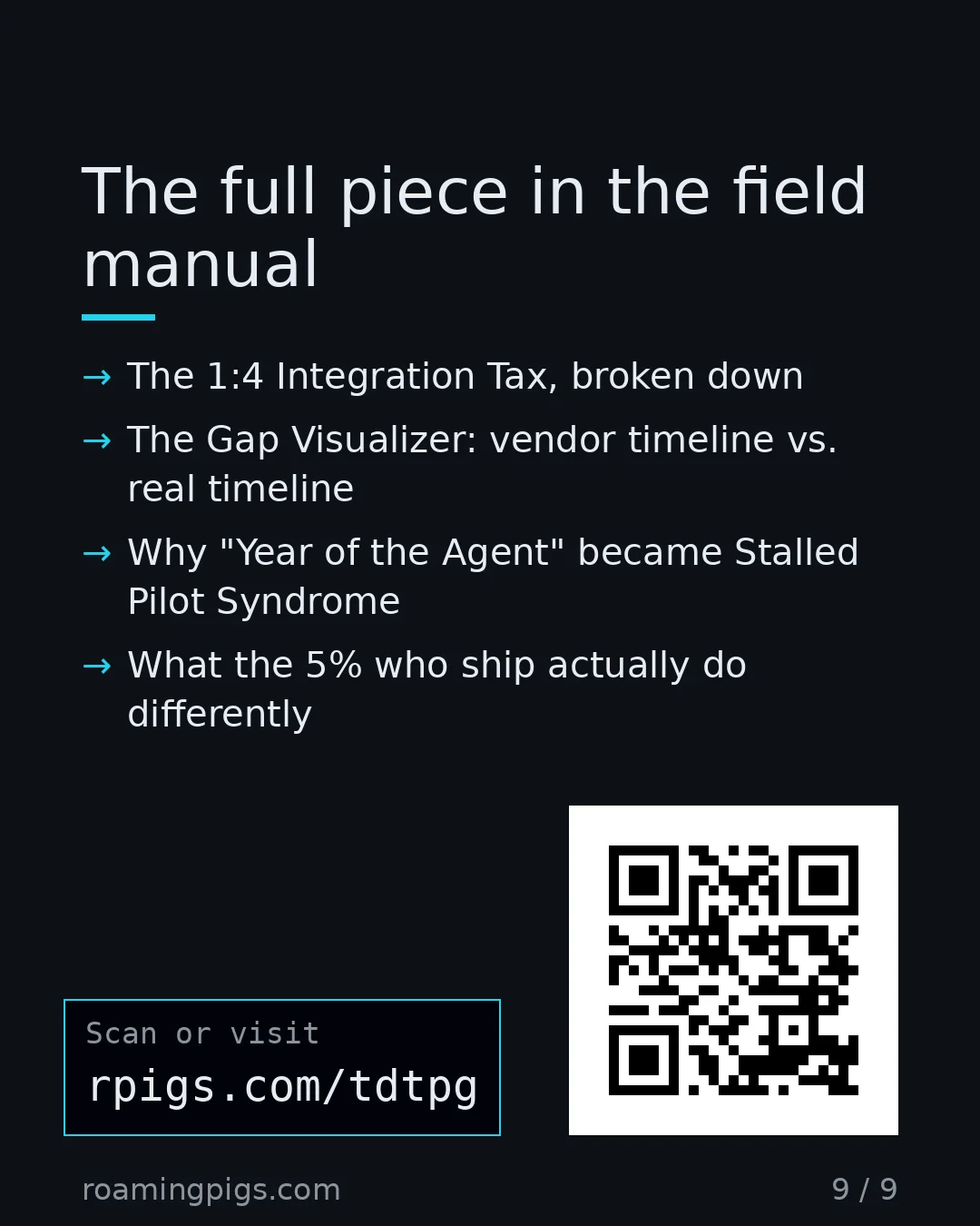 Slide 9 of 9: Call to action: The 1:4 Integration Tax, broken down The Gap Visualizer: vendor timeline vs. real timeline Why "Year of the Agent" became…