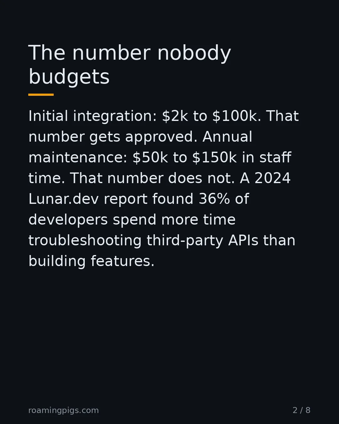 Slide 2 of 8: The number nobody budgets. Initial integration: $2k to $100k. That number gets approved. Annual maintenance: $50k to $150k in staff time.…