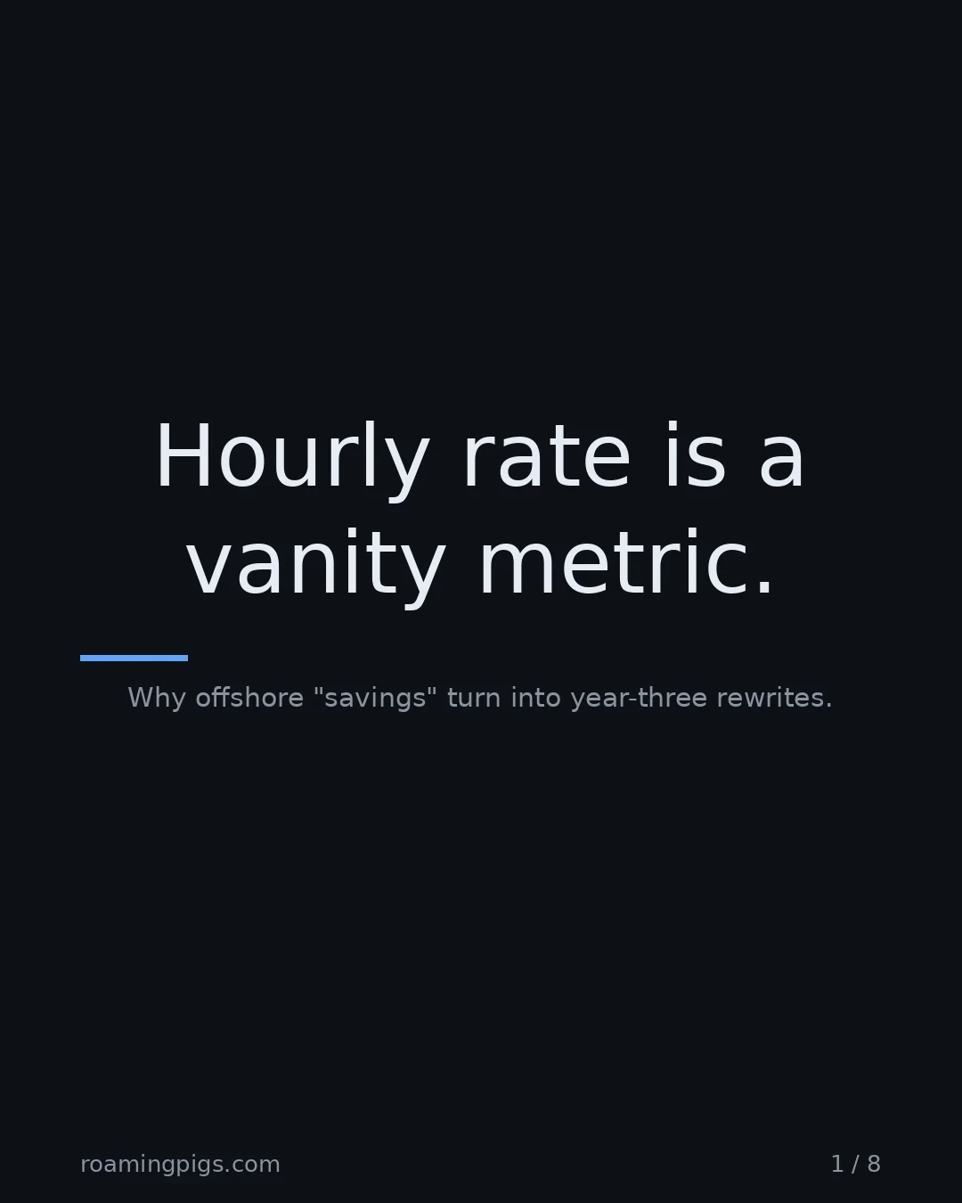 Slide 1 of 8: Hourly rate is a vanity metric.. Why offshore "savings" turn into year-three rewrites