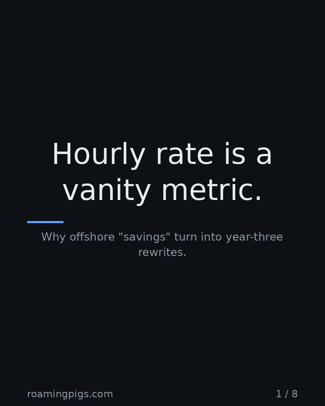 Slide 1 of 8: Hourly rate is a vanity metric.. Why offshore "savings" turn into year-three rewrites