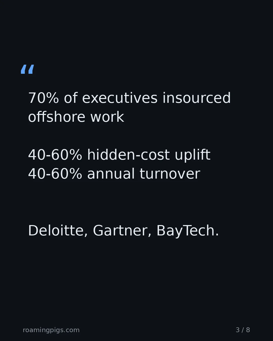 Slide 3 of 8: Quote: 70% of executives insourced offshore work 40-60% hidden-cost uplift 40-60% annual turnover Deloitte, Gartner, BayTech.