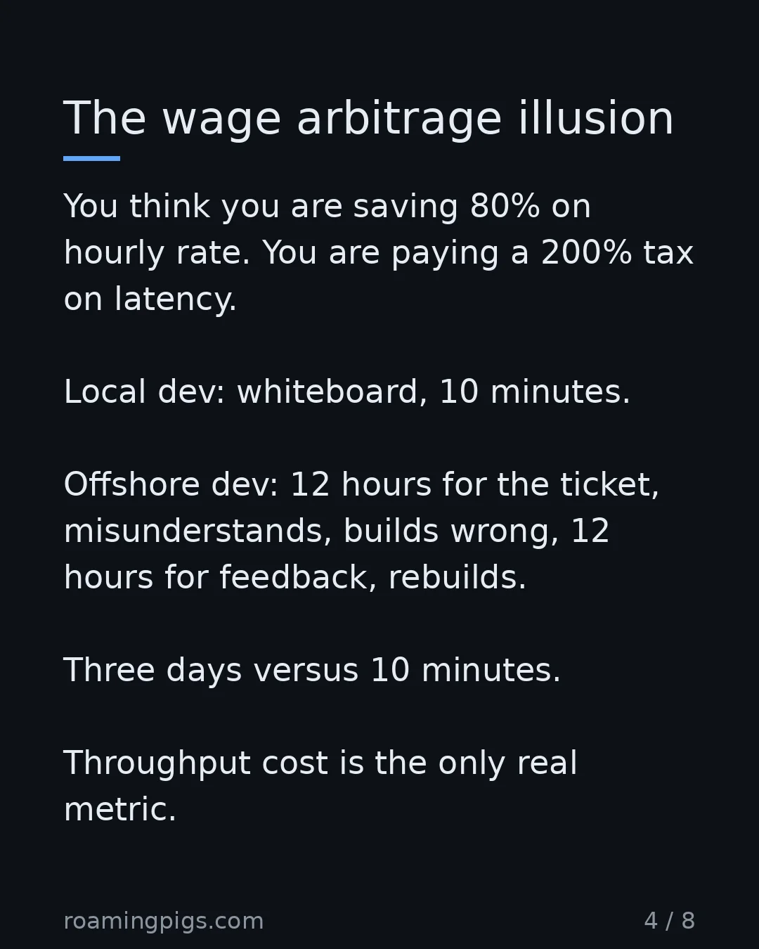 Slide 4 of 8: The wage arbitrage illusion. You think you are saving 80% on hourly rate. You are paying a 200% tax on latency. Local dev: whiteboard, 10…