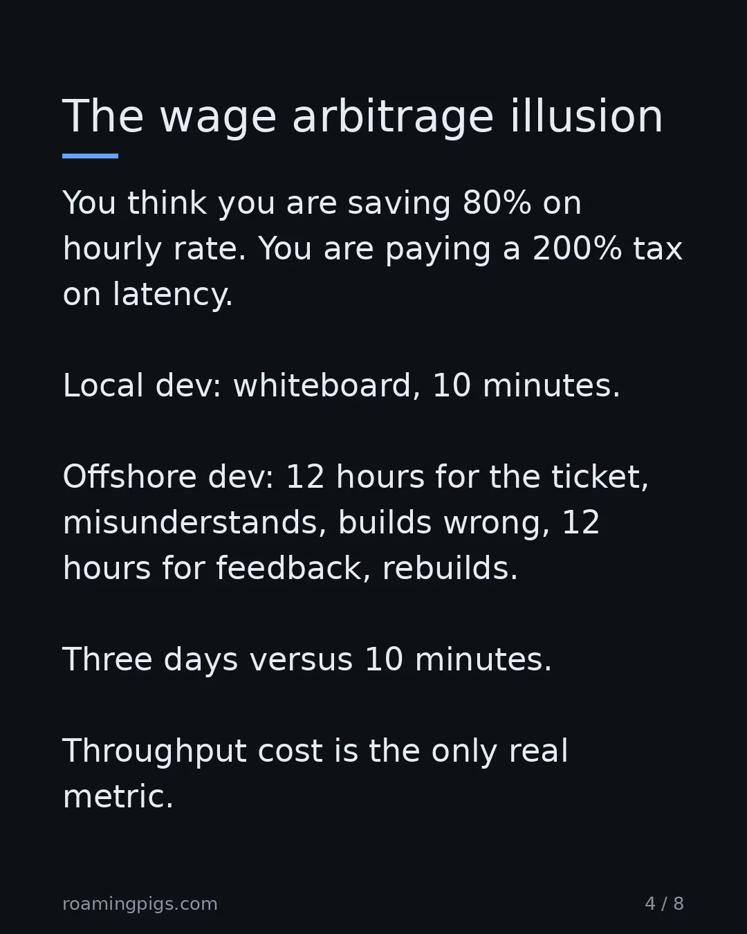 Slide 4 of 8: The wage arbitrage illusion. You think you are saving 80% on hourly rate. You are paying a 200% tax on latency. Local dev: whiteboard, 10…